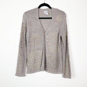 Chico's‎ Sz 2/ US Sz L Bronze Single Button Front Open Knit Cardigan Sweater